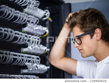 Server room, thinking and confused man with cables for connectivity, night and check hardware. Cybersecurity system, it network and technician for glitch, data center and problem solving for error Server room, thinking and confused man with cables for connectivity, night and check hardware. Cybersecurity system, it network and technician for glitch, data center and problem solving for error 139492618