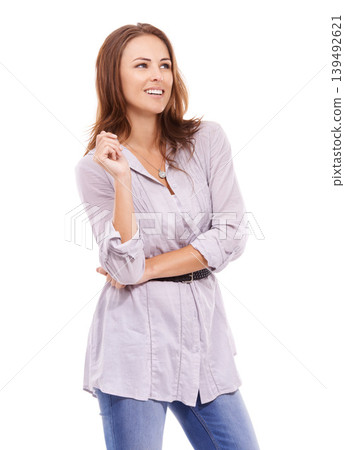 Woman, face and thinking or smile in studio with ideas, contemplating and dreaming with positive mindset. Person, mock up space and thoughtful with relax, happy and wondering on white background Woman, face and thinking or smile in studio with ideas, contemplating and dreaming with positive mindset. Person, mock up space and thoughtful with relax, happy and wondering on white background 139492621