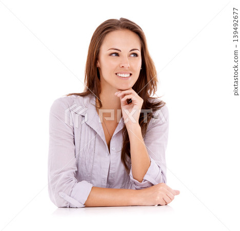 Woman, hands and thinking or happy in studio with ideas, contemplating and dreaming with positive mindset. Person, mock up space and thoughtful with relax, smile and wondering on white background Woman, hands and thinking or happy in studio with ideas, contemplating and dreaming with positive mindset. Person, mock up space and thoughtful with relax, smile and wondering on white background 139492677