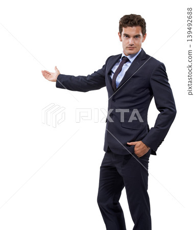 Studio portrait, advertising or professional man gesture at service news, notification space or commercial offer. Company sales launch, discount deal or businessman recommendation on white background Studio portrait, advertising or professional man gesture at service news, notification space or commercial offer. Company sales launch, discount deal or businessman recommendation on white background 139492688