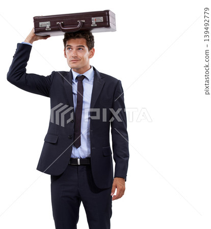 Suitcase, thinking and business with man, ideas and employee isolated on a white studio background. Person, model and entrepreneur with decision, choice and opportunity with promotion or mockup space 139492779