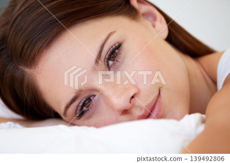 Portrait, wellness and bedroom with woman, relax and resting with weekend break, home and awake. Face, person and apartment with girl, pillow and peace with cushion, happy and blanket with health Portrait, wellness and bedroom with woman, relax and resting with weekend break, home and awake. Face, person and apartment with girl, pillow and peace with cushion, happy and blanket with health 139492806