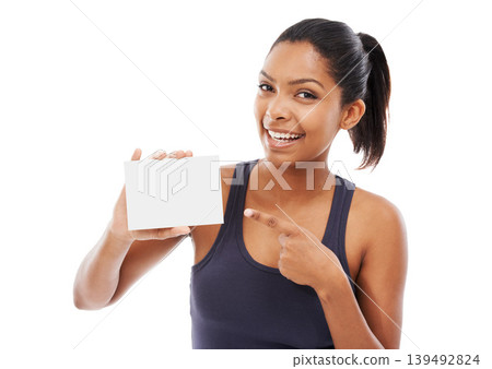 Woman, blank card and portrait in studio, mockup and sign up or information or offer. Happy female person, paper and advertising on placard for membership promotion or news by white background Woman, blank card and portrait in studio, mockup and sign up or information or offer. Happy female person, paper and advertising on placard for membership promotion or news by white background 139492824