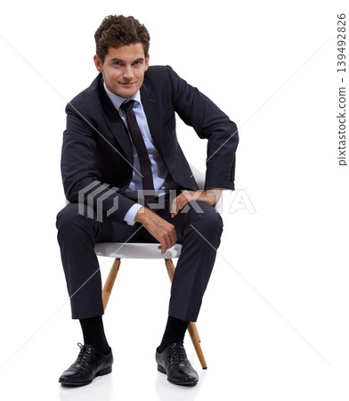 Sitting, manager and portrait of businessman in a chair with white background or mock up space in studio. Confident, entrepreneur and relax on seat with professional style, fashion or suit for work 139492826