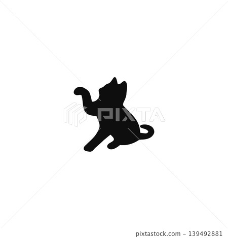 A silhouette illustration of a cat reaching out its paw towards something, a simple and cute design. 139492881