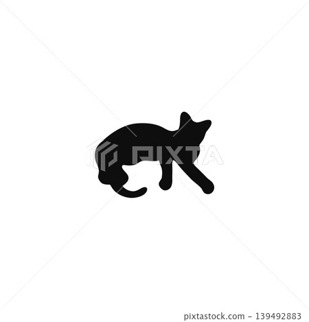 Silhouette illustration of a black cat, curled up and sleeping in a cute pose, on a white background. Silhouette illustration of a black cat, curled up and sleeping in a cute pose, on a white background. 139492883