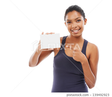 Blank paper, woman pointing and poster with portrait for advertisement and promotion mockup in studio. Smile, happy and female person with signage deal for sale or discount with white background 139492923