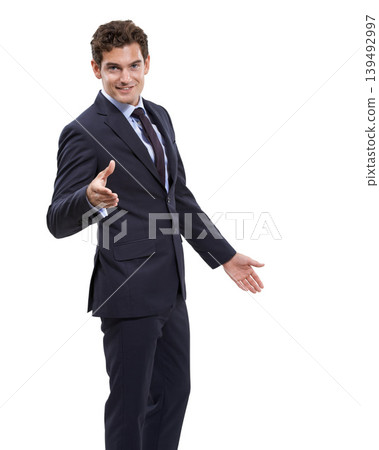 Corporate, portrait and happy man with handshake gesture for studio deal, b2b services or acquisition agreement. Job promotion, employee welcome and HR shaking hands for hiring on white background Corporate, portrait and happy man with handshake gesture for studio deal, b2b services or acquisition agreement. Job promotion, employee welcome and HR shaking hands for hiring on white background 139492997