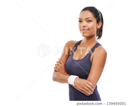 Woman, confidence and smile for fitness, studio and happy for health and wellness. Female person, face and positive mindset for workout and training or pride for weight loss by white background Woman, confidence and smile for fitness, studio and happy for health and wellness. Female person, face and positive mindset for workout and training or pride for weight loss by white background 139493001