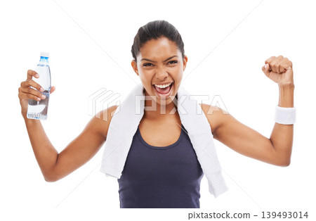 Woman, flexing muscles and energy in portrait, studio and liquid for health and wellness. Athlete, female person and pride on face for strong biceps, water bottle and empowerment by white background 139493014