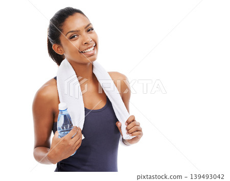 Happy woman, portrait and fitness with water bottle and towel for workout against a white studio background. Face of female person smile with natural mineral drink for hydration in exercise on mockup Happy woman, portrait and fitness with water bottle and towel for workout against a white studio background. Face of female person smile with natural mineral drink for hydration in exercise on mockup 139493042