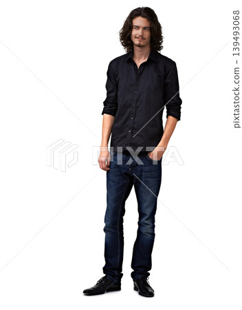 Fashion model thinking, relax and studio man with casual outfit, trendy style or planning apparel style, jeans and shirt choice. Clothes inspiration, mockup space and person smirk on white background Fashion model thinking, relax and studio man with casual outfit, trendy style or planning apparel style, jeans and shirt choice. Clothes inspiration, mockup space and person smirk on white background 139493068