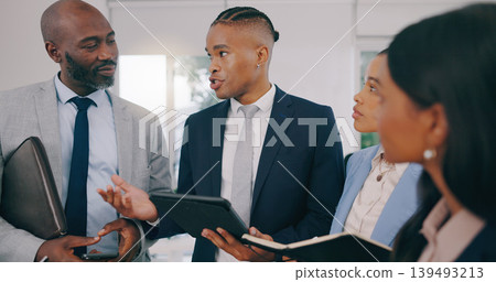 Business people, meeting and tablet with conversation, planning or discussion with teamwork, cooperation or project. Staff, group or manager with employees, tech or brainstorming with app or internet Business people, meeting and tablet with conversation, planning or discussion with teamwork, cooperation or project. Staff, group or manager with employees, tech or brainstorming with app or internet 139493213