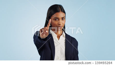 No, finger and portrait of business woman in studio with limits warning, control or order on blue background. Stop, hands and face of female lawyer with threat, security or compliance fail sign No, finger and portrait of business woman in studio with limits warning, control or order on blue background. Stop, hands and face of female lawyer with threat, security or compliance fail sign 139493264