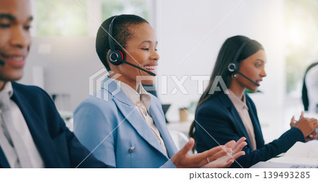 Call center, telemarketing or customer service agents consulting for crm with headset in office. Contact us, communication and consultants working on online sales and technical support in workplace. Call center, telemarketing or customer service agents consulting for crm with headset in office. Contact us, communication and consultants working on online sales and technical support in workplace. 139493285