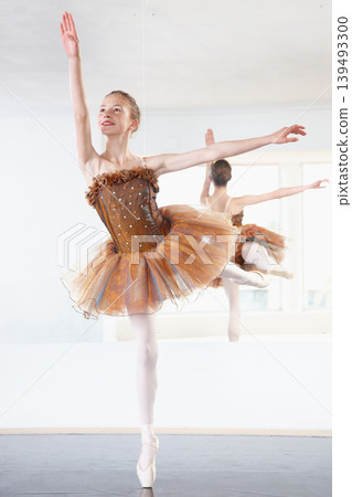 Ballerina, dancing and ballet dancer studio with training, exercise and performance workout. Tutu, balance and pointe with a female athlete and happy with practice and confidence with pose and smile Ballerina, dancing and ballet dancer studio with training, exercise and performance workout. Tutu, balance and pointe with a female athlete and happy with practice and confidence with pose and smile 139493300