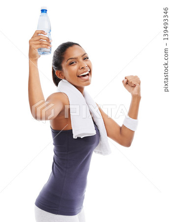 Woman, fitness flex and laughing portrait with water for workout, training and exercise in studio. Happy, smile and female athlete with drink and bottle with break after sport with white background 139493346