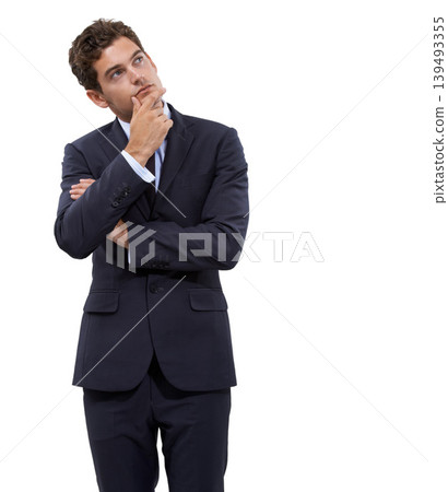Business man, thinking and planning for solution, ideas and sales strategy with emoji and mockup in studio. Corporate employee for problem solving, vision and decision or choice on a white background Business man, thinking and planning for solution, ideas and sales strategy with emoji and mockup in studio. Corporate employee for problem solving, vision and decision or choice on a white background 139493355