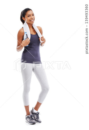 Woman, fitness and portrait with water and towel for workout, training and exercise in studio. Happy, smile and female athlete with drink and bottle with break after sport with white background Woman, fitness and portrait with water and towel for workout, training and exercise in studio. Happy, smile and female athlete with drink and bottle with break after sport with white background 139493360