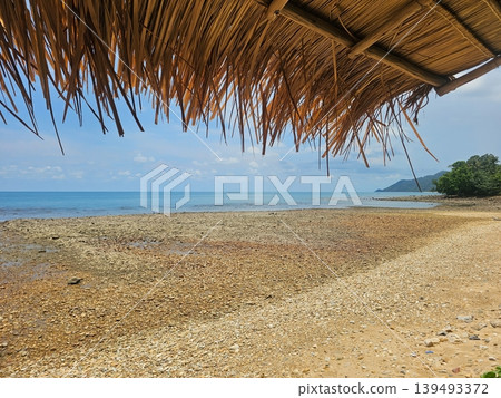 Scenic Tropical Beach View Framed by a Rustic Thatched Straw Roof 139493372