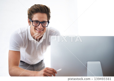 Computer, happy man and portrait of technician with cable, hardware or mockup space. Pc, engineer and wire of nerd, smile and information technology professional, geek or employee in glasses in Spain Computer, happy man and portrait of technician with cable, hardware or mockup space. Pc, engineer and wire of nerd, smile and information technology professional, geek or employee in glasses in Spain 139493381