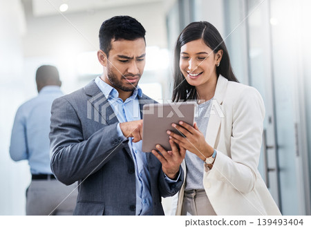 Reading, meeting or business people with tablet in law firm, case file confusion or legal assistance. Review, lawyer or happy paralegal with tech for research, explain evidence or lawsuit support 139493404