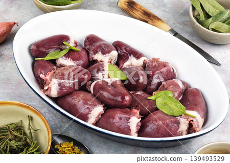 Fresh turkey hearts ready for cooking with spices Fresh turkey hearts ready for cooking with spices 139493529