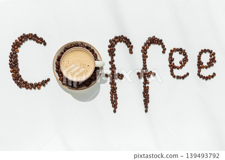 Coffee Typography with Beans and Cup on white BAckground Coffee Typography with Beans and Cup on white BAckground 139493792