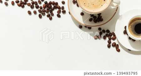 Coffee Cups with Beans in Circular Arrangement on White Background Coffee Cups with Beans in Circular Arrangement on White Background 139493795