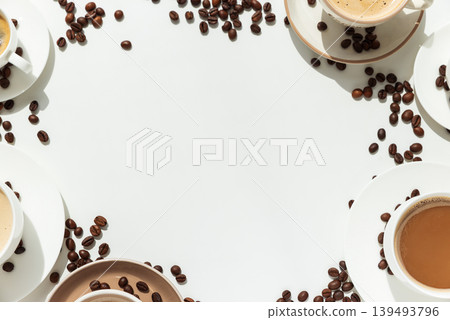 Coffee Cups with Beans in Circular Arrangement on White Background Coffee Cups with Beans in Circular Arrangement on White Background 139493796