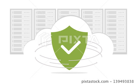 Green Shield with cloud and data center silhouette. Concept of big data storage and cloud computing. Cyber security and high technology. Green Shield with cloud and data center silhouette. Concept of big data storage and cloud computing. Cyber security and high technology. 139493838