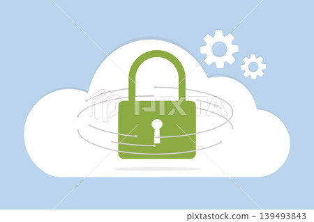 Icon with green padlock and white cloud. Cyber security and privacy protection concept. IT technology. Icon with green padlock and white cloud. Cyber security and privacy protection concept. IT technology. 139493843