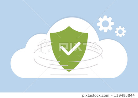 Icon with green shield and white cloud. Cyber security and data protection concept. IT technology. Icon with green shield and white cloud. Cyber security and data protection concept. IT technology. 139493844