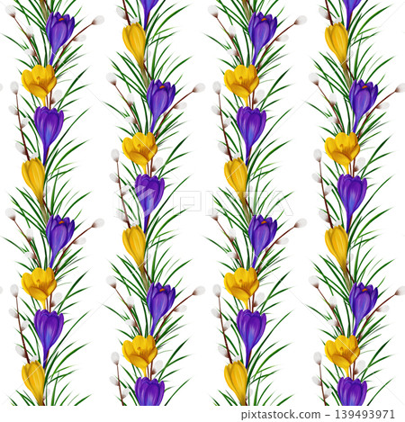 Violet and yellow crocuses, green branches, willow branches. Seamless floral botanical pattern Violet and yellow crocuses, green branches, willow branches. Seamless floral botanical pattern 139493971