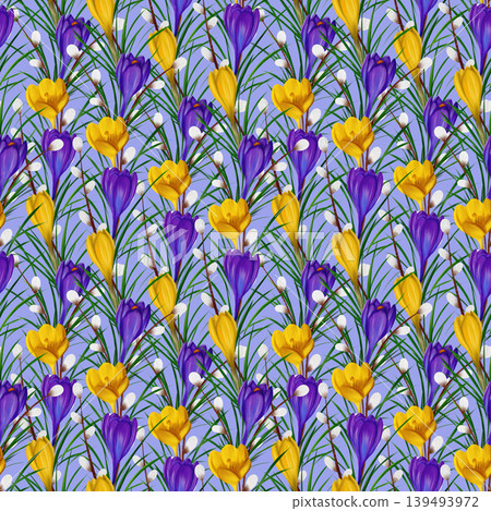 Violet and yellow crocuses, green branches, willow branches. Seamless floral botanical pattern. Digital watercolor hand drawn. For design of invitations, certificates, postcards, posters, flyers Violet and yellow crocuses, green branches, willow branches. Seamless floral botanical pattern. Digital watercolor hand drawn. For design of invitations, certificates, postcards, posters, flyers 139493972