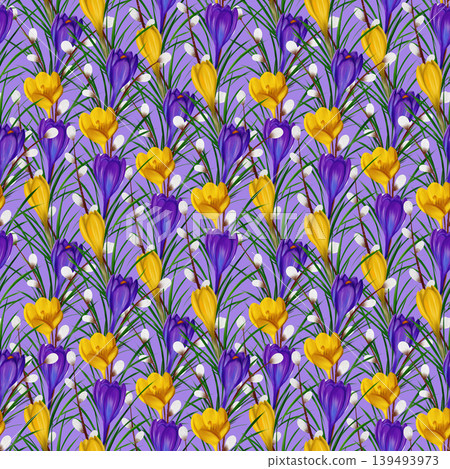 Violet and yellow crocuses, green branches, willow branches. Seamless floral botanical pattern. Digital watercolor hand drawn. For design of invitations, certificates, postcards, posters, flyers 139493973