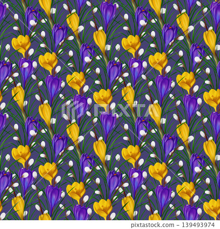 Violet and yellow crocuses, green branches, willow branches. Seamless floral botanical pattern. Digital watercolor hand drawn. For design of invitations, certificates, postcards, posters, flyers Violet and yellow crocuses, green branches, willow branches. Seamless floral botanical pattern. Digital watercolor hand drawn. For design of invitations, certificates, postcards, posters, flyers 139493974