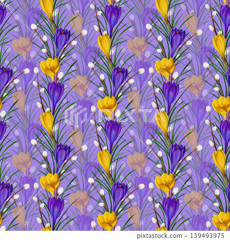 Violet and yellow crocuses, green branches, willow branches. Seamless floral botanical pattern. Digital watercolor hand drawn. For design of invitations, certificates, postcards, posters, flyers Violet and yellow crocuses, green branches, willow branches. Seamless floral botanical pattern. Digital watercolor hand drawn. For design of invitations, certificates, postcards, posters, flyers 139493975