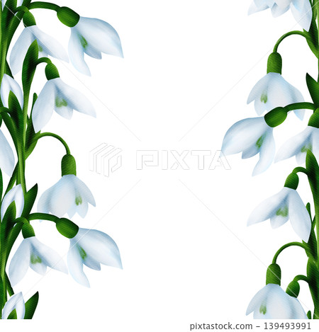 White snowdrops, green branches. Seamless floral botanical pattern. Digital watercolor hand drawn White snowdrops, green branches. Seamless floral botanical pattern. Digital watercolor hand drawn 139493991