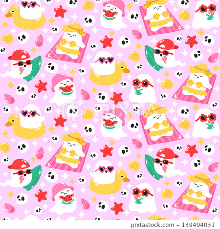 Cute spooky ghost on Summer holiday seamless pattern 139494031
