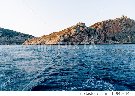 View Black Sea and mountains near city of Balaklava in Crimea summer sunny day View Black Sea and mountains near city of Balaklava in Crimea summer sunny day 139494143