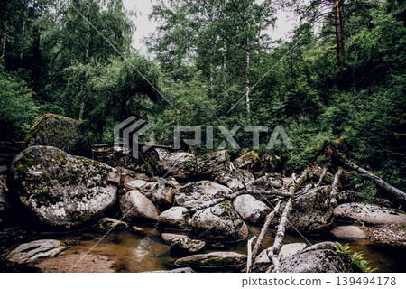 Landscape summer river among stones, fast flow water in reservoir Altay Siberia Landscape summer river among stones, fast flow water in reservoir Altay Siberia 139494178