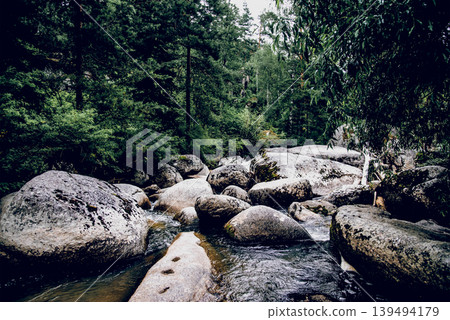Landscape summer river among stones, fast flow water in reservoir Altay Siberia 139494179