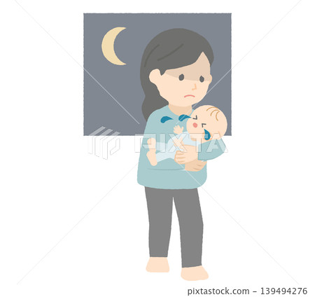 一名女子抱著哭泣的嬰兒行走。 一名女子抱著哭泣的嬰兒行走。 139494276