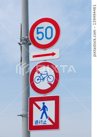 Road signs: No pedestrians, No bicycles, Speed limit (start) Road signs: No pedestrians, No bicycles, Speed limit (start) 139494461