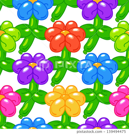 Vector seamless pattern of classic multicolors balloon flowers isolated on white background. Cute design element in doodle style is simple and playful, suitable for greetings cards, wrapping Vector seamless pattern of classic multicolors balloon flowers isolated on white background. Cute design element in doodle style is simple and playful, suitable for greetings cards, wrapping 139494475
