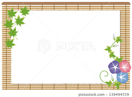 A frame design featuring blue maple leaves and morning glories in a bamboo blind style (summer). 139494559