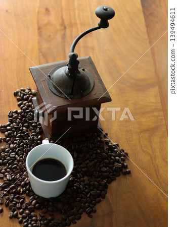 Wooden coffee grinder and espresso Wooden coffee grinder and espresso 139494611