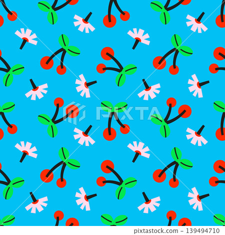 Red cherry with pink flowers on blue background. Simple seamless vector pattern, flat style. For textile prints, fashion fabrics, wrapping paper, stationery, phone cases, wallpaper, packaging design Red cherry with pink flowers on blue background. Simple seamless vector pattern, flat style. For textile prints, fashion fabrics, wrapping paper, stationery, phone cases, wallpaper, packaging design 139494710