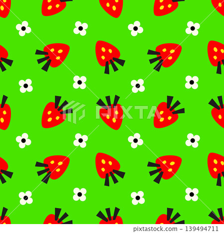 Red strawberry with white flowers on green background. Simple seamless vector pattern, flat style. For textile prints, fashion fabrics, wrapping paper, stationery, phone cases, wallpaper, packaging Red strawberry with white flowers on green background. Simple seamless vector pattern, flat style. For textile prints, fashion fabrics, wrapping paper, stationery, phone cases, wallpaper, packaging 139494711